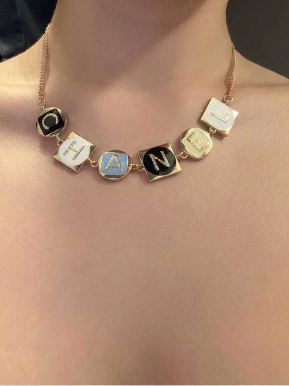 CHANEL Gold-Tone Necklace with Black, White and Blue Enamel Letter Pendants